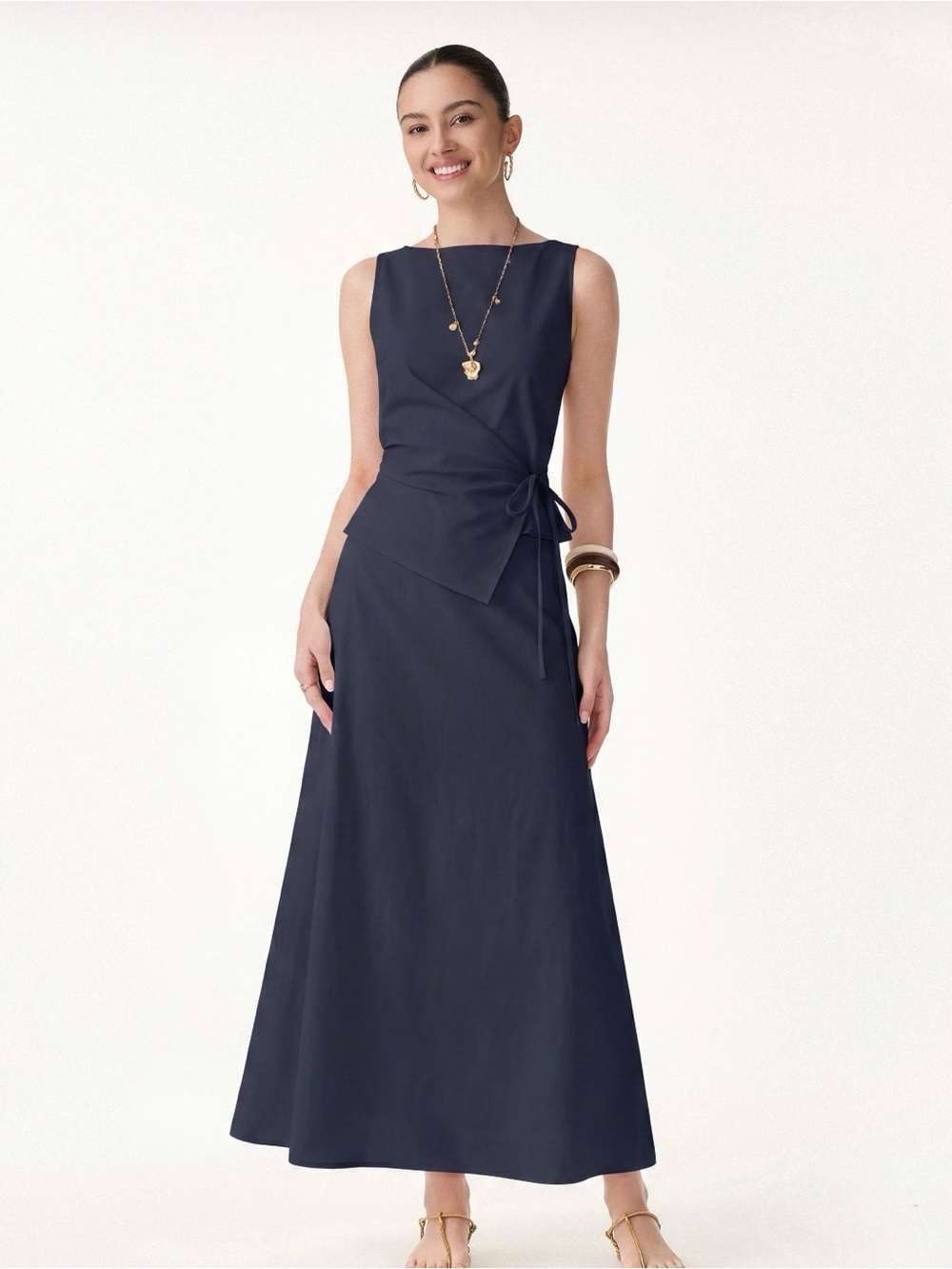OGL Linen 2Pcs Set Boatneck Waist-Defined Top & Maxi Flared Pull-On Skirt Sz MED